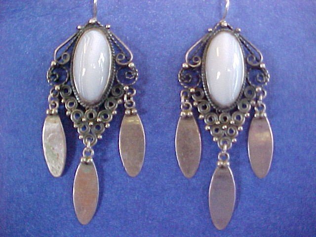 Pearly Pale Blue Lace Agate Cabochon Sterling Silver Chandelier Earrings