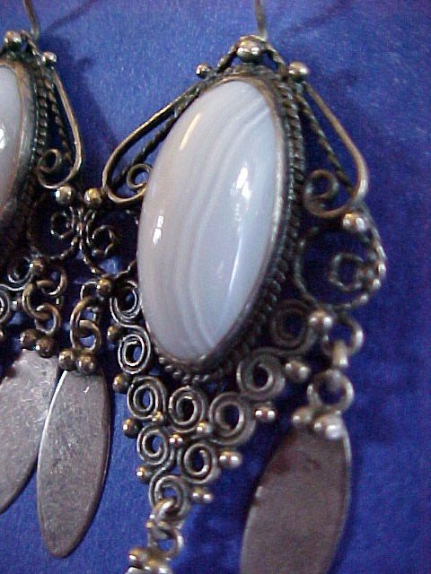 Pearly Pale Blue Lace Agate Cabochon Sterling Silver Chandelier Earrings