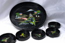 Japanese Black Lacquer-ware Wood Tray with Matching Coaters / Abalone Shell / Mount Fuji Scene