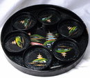 Japanese Black Lacquer-ware Wood Tray with Matching Coaters / Abalone Shell / Mount Fuji Scene