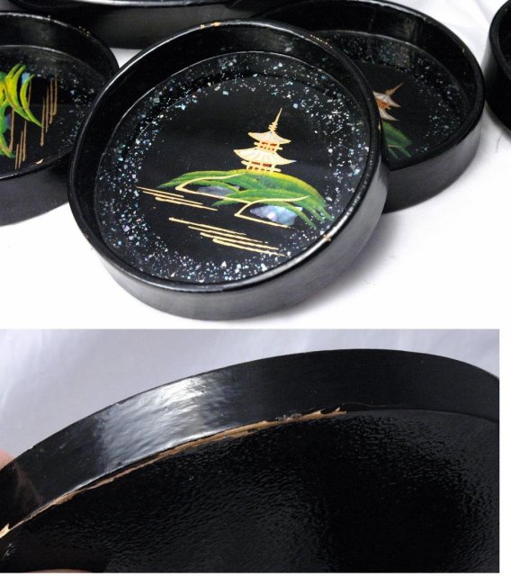 Japanese Black Lacquer-ware Wood Tray with Matching Coaters / Abalone Shell / Mount Fuji Scene