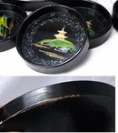 Japanese Black Lacquer-ware Wood Tray with Matching Coaters / Abalone Shell / Mount Fuji Scene