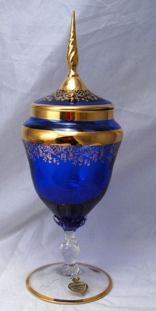 A Florentine Original Blue / Gold Glass Footed Urn - Elegant Apothecary Jar Shaped