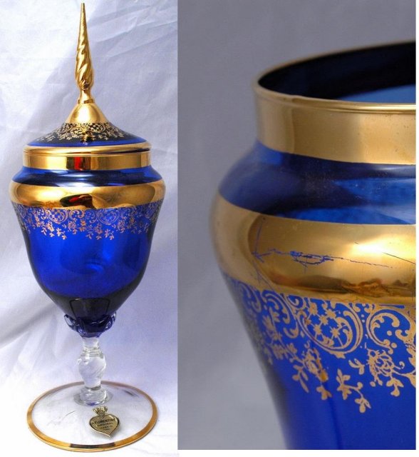 A Florentine Original Blue / Gold Glass Footed Urn - Elegant Apothecary Jar Shaped