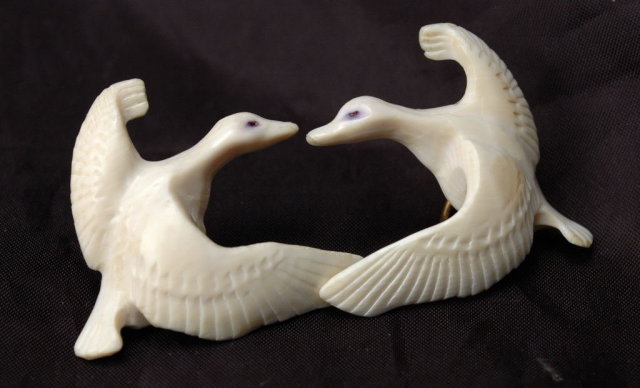 Carved Walrus Ivory Flying Snow Goose Earrings Native Alaskan or Eskimo Art