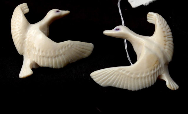 Carved Walrus Ivory Flying Snow Goose Earrings Native Alaskan or Eskimo Art