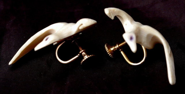 Carved Walrus Ivory Flying Snow Goose Earrings Native Alaskan or Eskimo Art