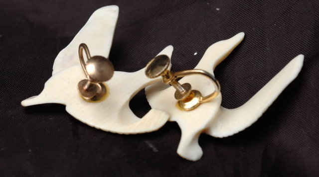 Carved Walrus Ivory Flying Snow Goose Earrings Native Alaskan or Eskimo Art