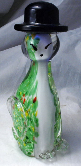 Tall Murano Sommerso Art Glass Cat Wearing Cobalt Blue Hat Sculpture Paperweight