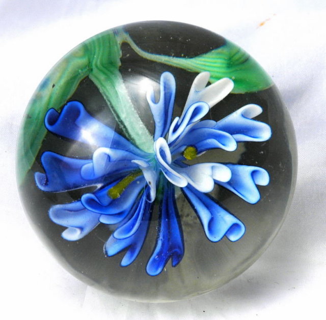 Beautiful Blue Flower Glass Paperweight