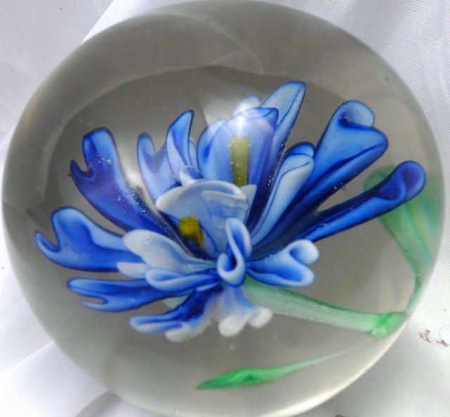 Beautiful Blue Flower Glass Paperweight