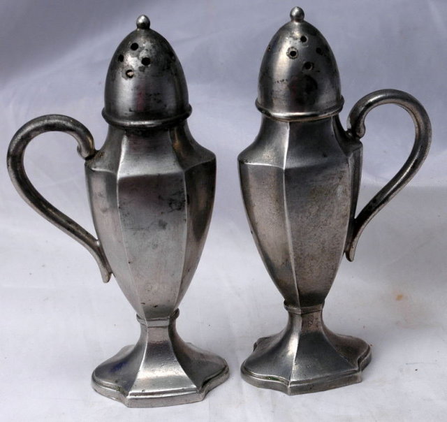Old Pewter Salt Pepper Shakers , Footed Paneled with Handle , numbered