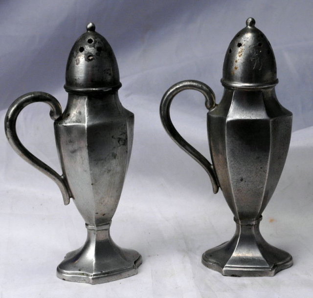 Old Pewter Salt Pepper Shakers , Footed Paneled with Handle , numbered