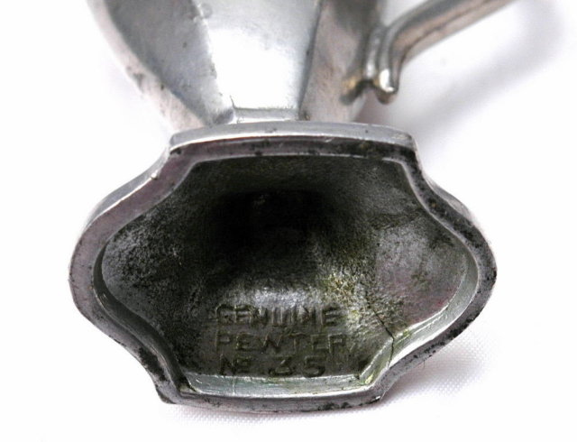 Old Pewter Salt Pepper Shakers , Footed Paneled with Handle , numbered