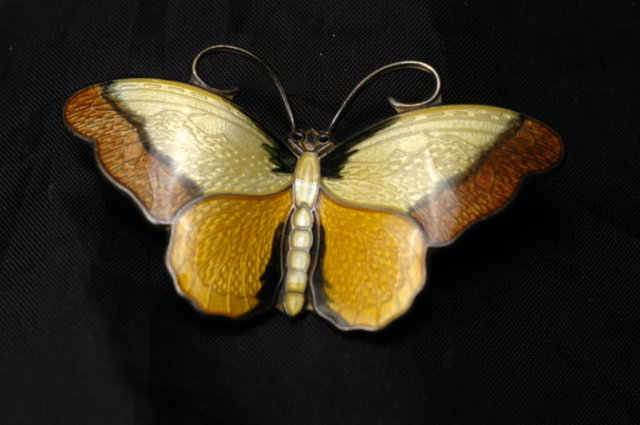 Hroar Prydz Guilloche Enamel Sterling Vermeil Butterfly Pin Brooch