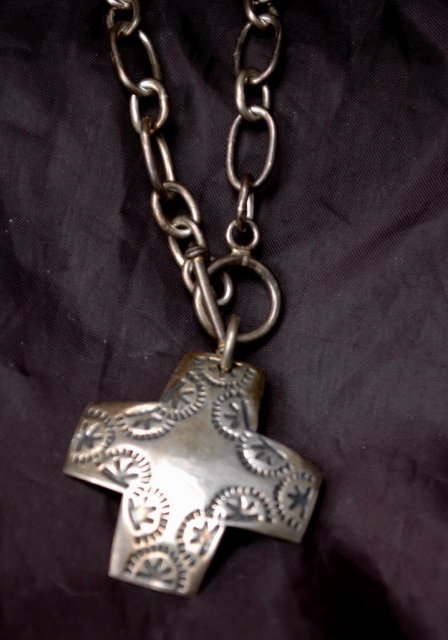 Native American Stamped Sterling Cross on Large Links Sterling Toggle Chain