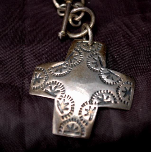 Native American Stamped Sterling Cross on Large Links Sterling Toggle Chain