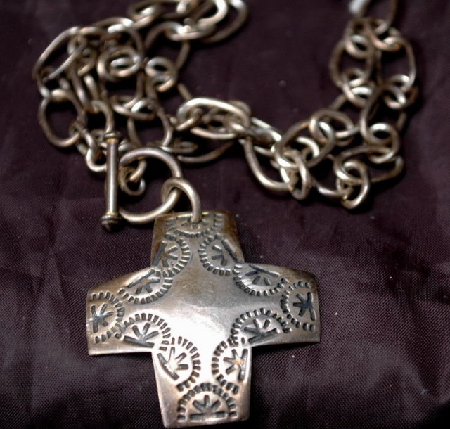 Native American Stamped Sterling Cross on Large Links Sterling Toggle Chain