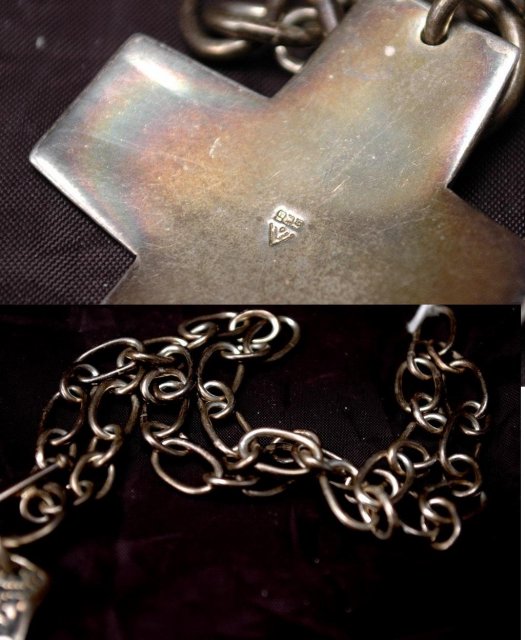 Native American Stamped Sterling Cross on Large Links Sterling Toggle Chain