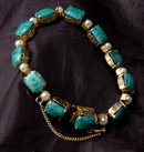 Green Glass Stones & Pearls Links Bracelet Gold with Safety Chain
