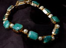 Green Glass Stones & Pearls Links Bracelet Gold with Safety Chain