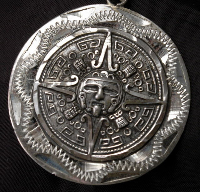 Large Sterling Silver Mexican Aztec Two Sided Calender Coin Medallion Pendant