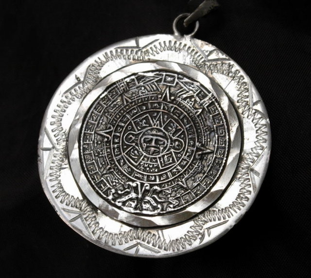 Large Sterling Silver Mexican Aztec Two Sided Calender Coin Medallion Pendant
