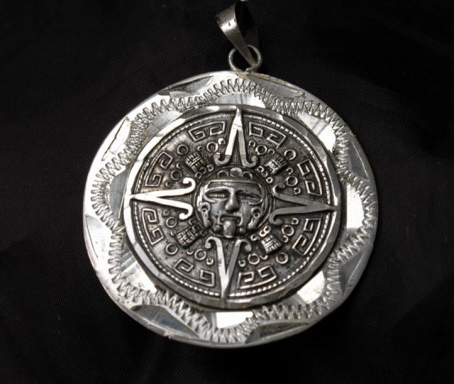 Large Sterling Silver Mexican Aztec Two Sided Calender Coin Medallion Pendant