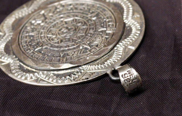Large Sterling Silver Mexican Aztec Two Sided Calender Coin Medallion Pendant