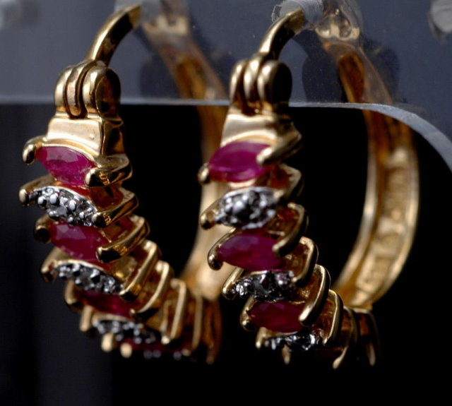 Ruby Diamond Hoop Earrings in Sterling with Gold Wash