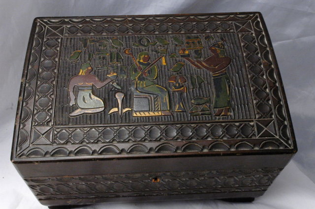 Hand Carved Wood Egyptian Jewelry Music Box