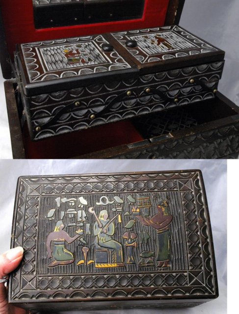 Hand Carved Wood Egyptian Jewelry Music Box