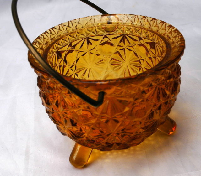 Daisy Dot Button Amber Glass Cauldron Shape Glass Holder L. G. Wright Glass Company.