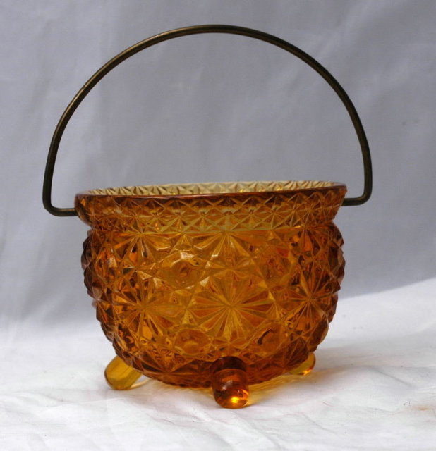 Daisy Dot Button Amber Glass Cauldron Shape Glass Holder L. G. Wright Glass Company.