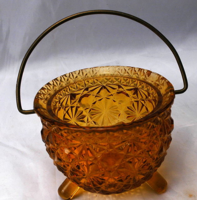 Daisy Dot Button Amber Glass Cauldron Shape Glass Holder L. G. Wright Glass Company.