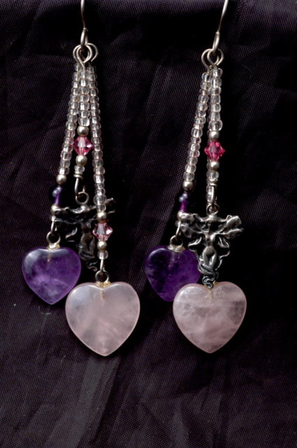 Amethyst & Rose Quartz Hearts & Sterling Fairy Earrings
