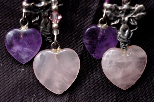 Amethyst & Rose Quartz Hearts & Sterling Fairy Earrings