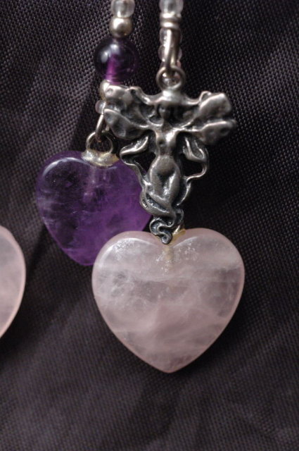 Amethyst & Rose Quartz Hearts & Sterling Fairy Earrings
