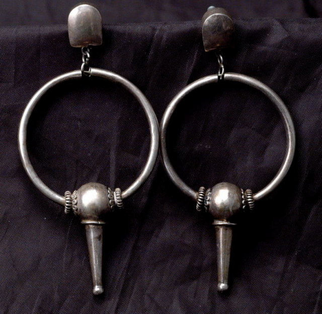 Crafted Vintage Sterling Silver Earrings Big Hoops on Post with Bead & Cone