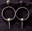 Crafted Vintage Sterling Silver Earrings Big Hoops on Post with Bead & Cone