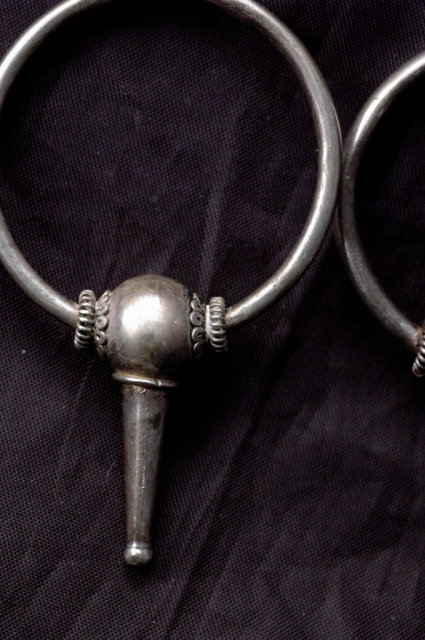 Crafted Vintage Sterling Silver Earrings Big Hoops on Post with Bead & Cone