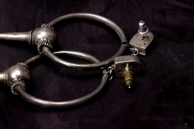 Crafted Vintage Sterling Silver Earrings Big Hoops on Post with Bead & Cone