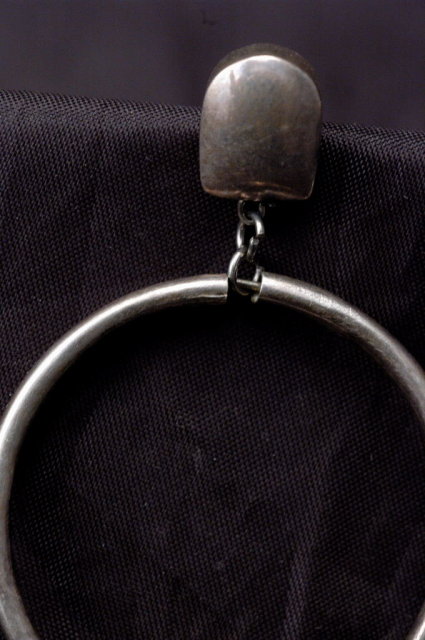 Crafted Vintage Sterling Silver Earrings Big Hoops on Post with Bead & Cone