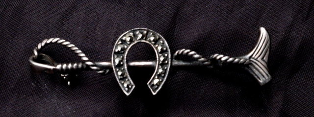 Antique Sterling Silver Horseshoe & Crop Whip Bar Pin with Marcasites
