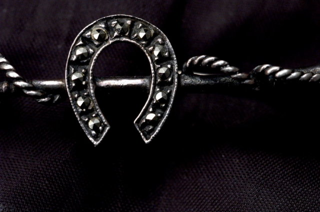 Antique Sterling Silver Horseshoe & Crop Whip Bar Pin with Marcasites