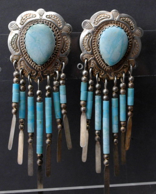 NATIVE AMERICAN, ZUNI VINTAGE STERLING SILVER & TURQUOISE CONCHO DANGLE EARRINGS SIGNED Q.T.