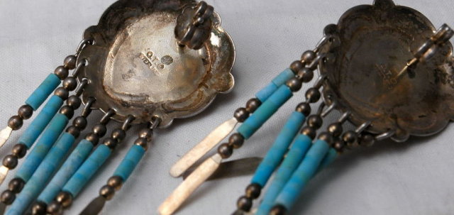 NATIVE AMERICAN, ZUNI VINTAGE STERLING SILVER & TURQUOISE CONCHO DANGLE EARRINGS SIGNED Q.T.