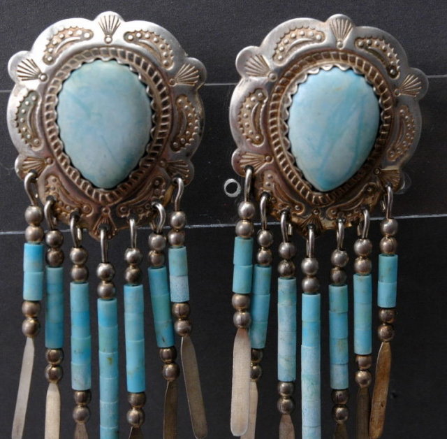 NATIVE AMERICAN, ZUNI VINTAGE STERLING SILVER & TURQUOISE CONCHO DANGLE EARRINGS SIGNED Q.T.
