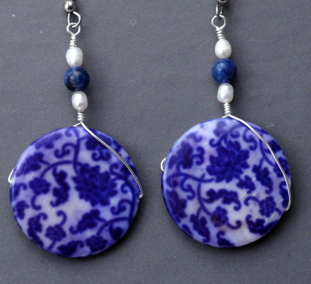 Blue White Shell , Lapis & Pearl Earrings Hand Crafted Original Design Free shipping within the USA! **PRICE REDUCTION**!
