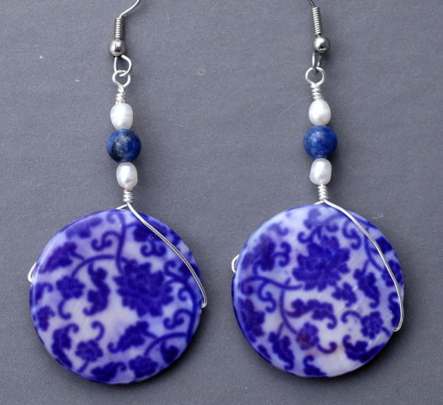 Blue White Shell , Lapis & Pearl Earrings Hand Crafted Original Design Free shipping within the USA! **PRICE REDUCTION**!